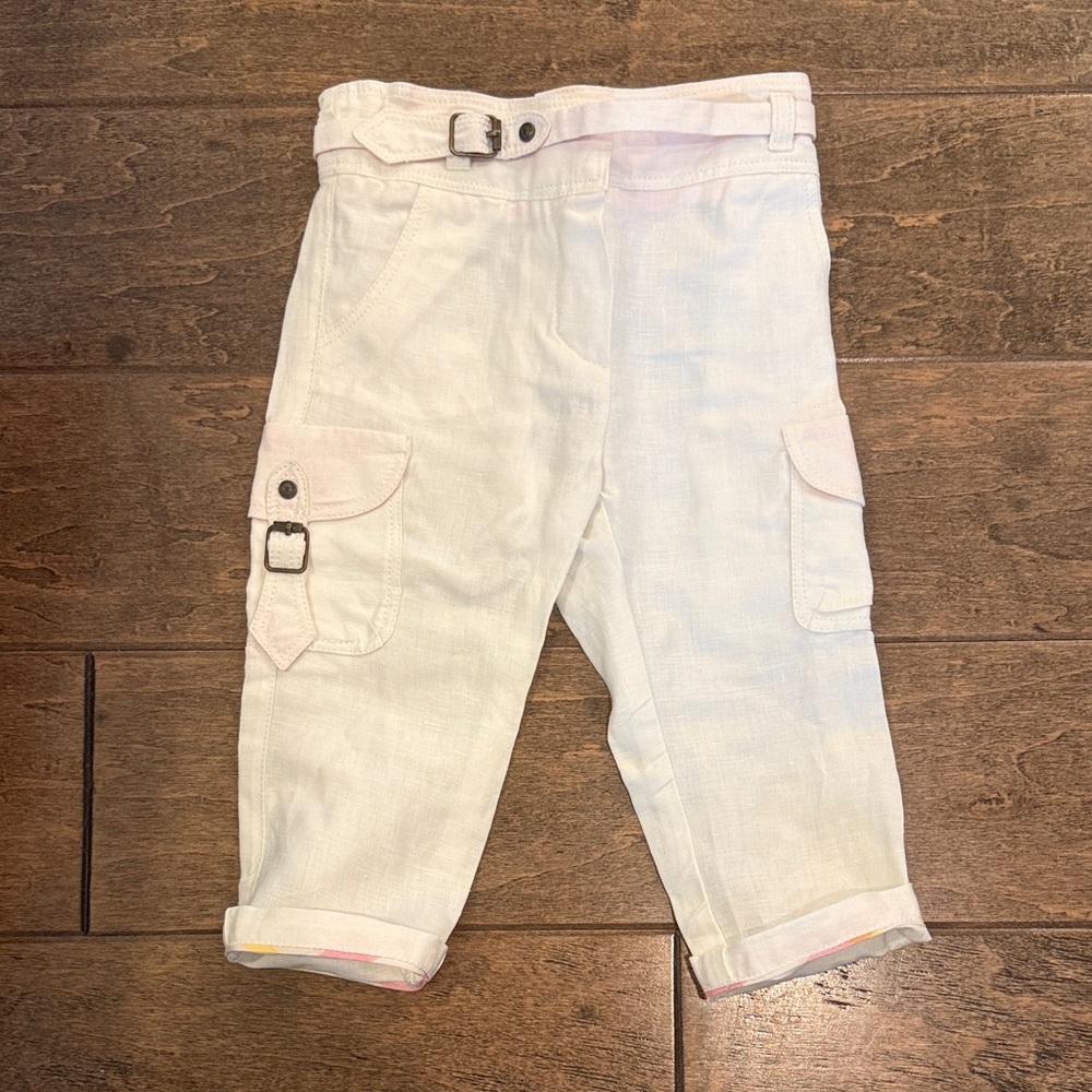 Burberry Kids White Linen Cargo Pants with Buckle